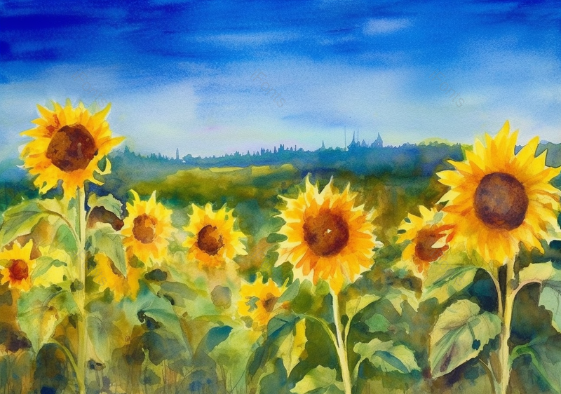 农田印象主义夏日花田黄色向日葵盛开水彩全景背景,插画/手绘图,插画/手绘图库,插画/手绘图下载,插画/手绘